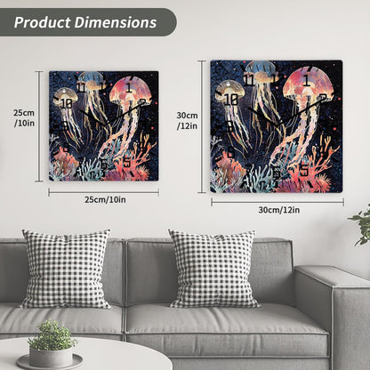 Wall Clock 10in Pink Blue Jellyfish Silent Non Ticking Square Wall Clock Coral Decorative Clock for Living Room Bedroom Office Kitchen Decor