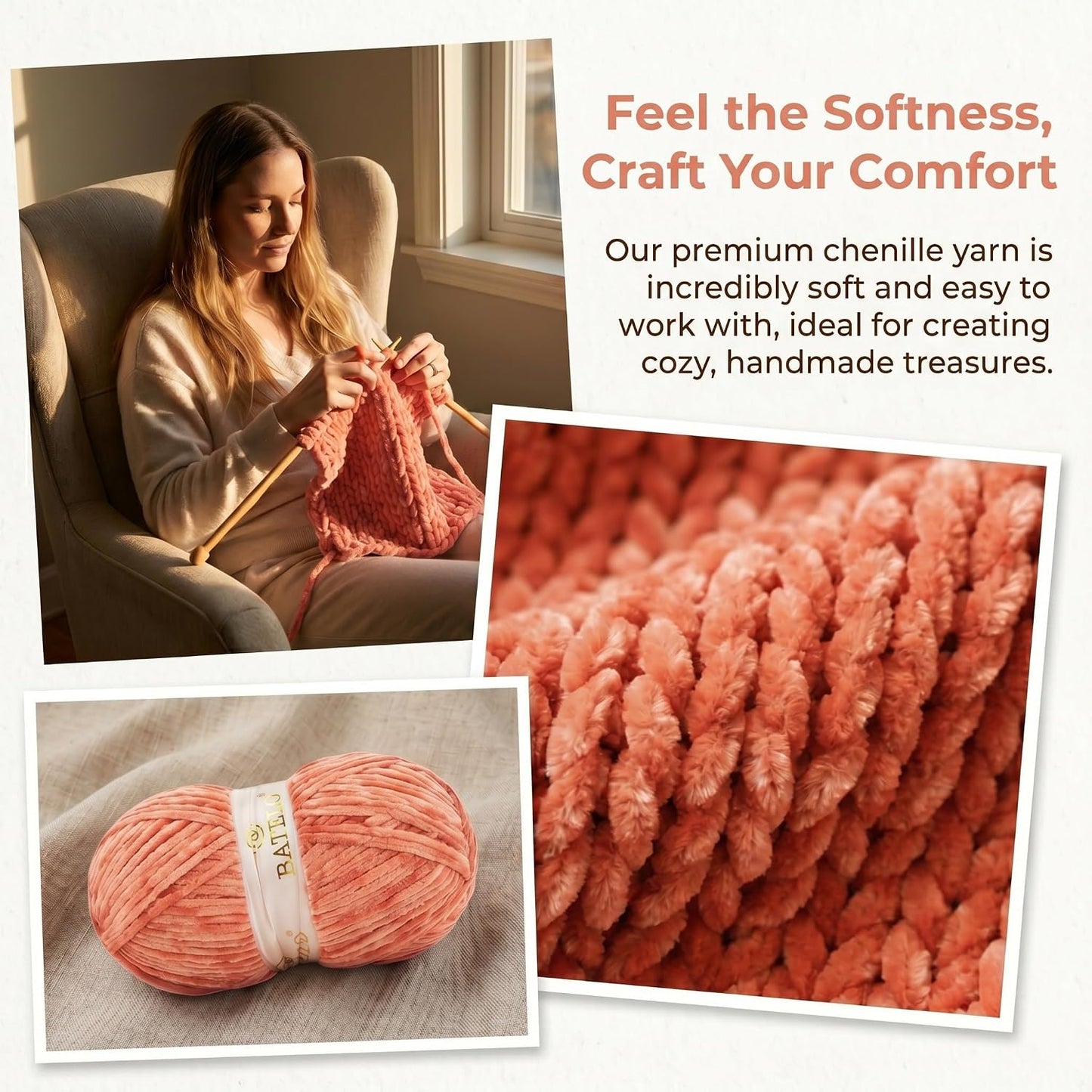 Velvet Chenille Yarn for Crocheting & Knitting 1440 Yards, Soft Thick Fluffy Bulky Blanket Yarn, 4 Pack of 10.5oz (Salmon Pink)