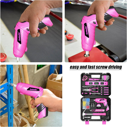 Pink Tool Set,130 Piece Home Tool Kit for Women with 3.6V Cordless Rechargeable Screwdriver,Basic Household Tool Kit Set for New Home,Apartment,College Dorm & DIY Projects