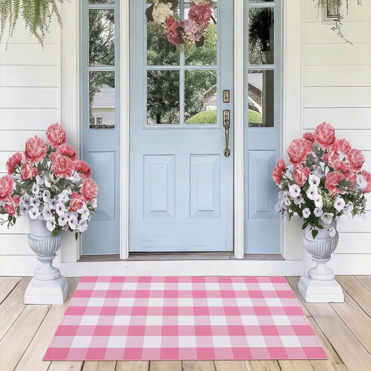 Buffalo Plaid Area Rug, Checkered Rug 27.5x43 Inches, Pink and White Rug, Washable Cotton Mat for Front Porch, Entryway, Kitchen, Living Room, Home Decor