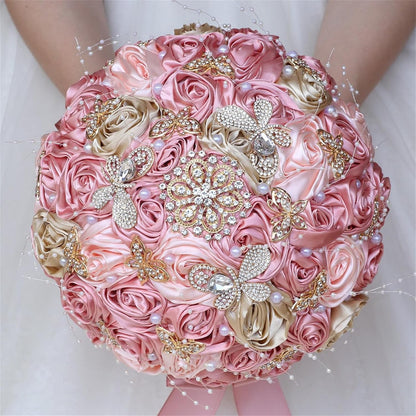 Handmade Rhinestone Bridal Bouquet for Wedding Round Tossing Bouquet Artificial Flower Bunch for Bride Bridesmaid (Champagne+Peach Pink, Small (Dia. 7.5"/18cm))