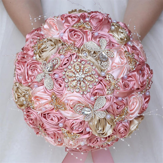 Handmade Rhinestone Bridal Bouquet for Wedding Round Tossing Bouquet Artificial Flower Bunch for Bride Bridesmaid (Champagne+Peach Pink, Small (Dia. 7.5"/18cm))