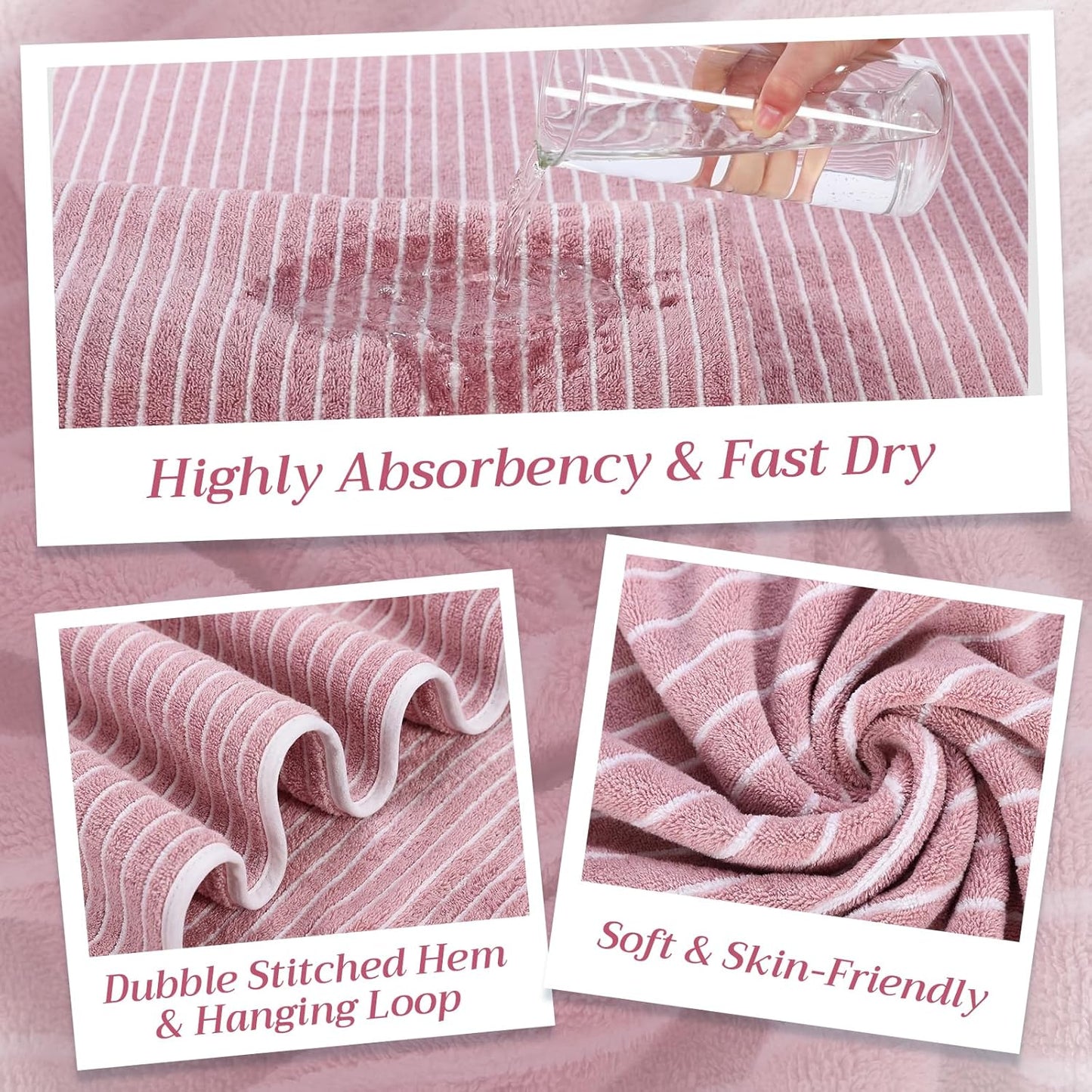 2 Pack Oversized Bath Towels 40 x 80 in Coral Fleece Extra Large Pink and White Striped Bath Sheets Microfiber Quick Dry Absorbent Shower Towel for Beach Pool Hotel Bathroom Spa Gym