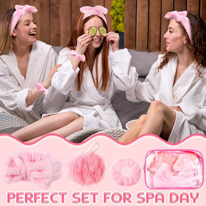Moucuny 24 Pieces Spa Sleepover Party Supplies 6 Pink Spa Headband 6 Shower Loofahs 6 Pink Velvet Scrunchies 6 Cosmetic Bags for Slumber Sleepover Birthday Party Favors Gift