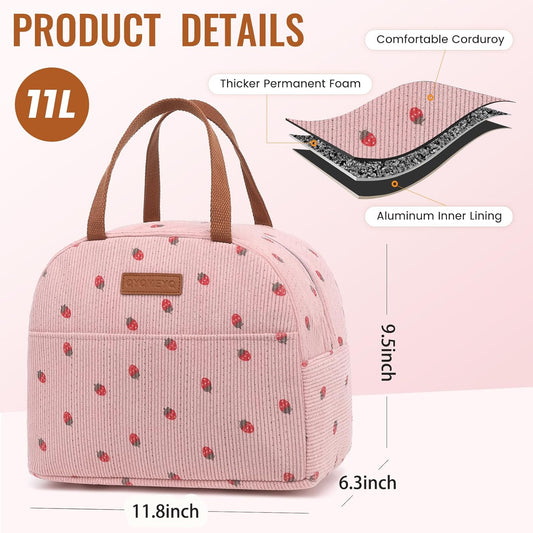 Lunch Bag for Women Men, Reusable Lunch Box, Insulated Lunch Pail bag with Large Capacity, Cute Corduroy Lunch Tote Bags, Cooler Lunch Container for Work Travel Office Picnic (Pink)