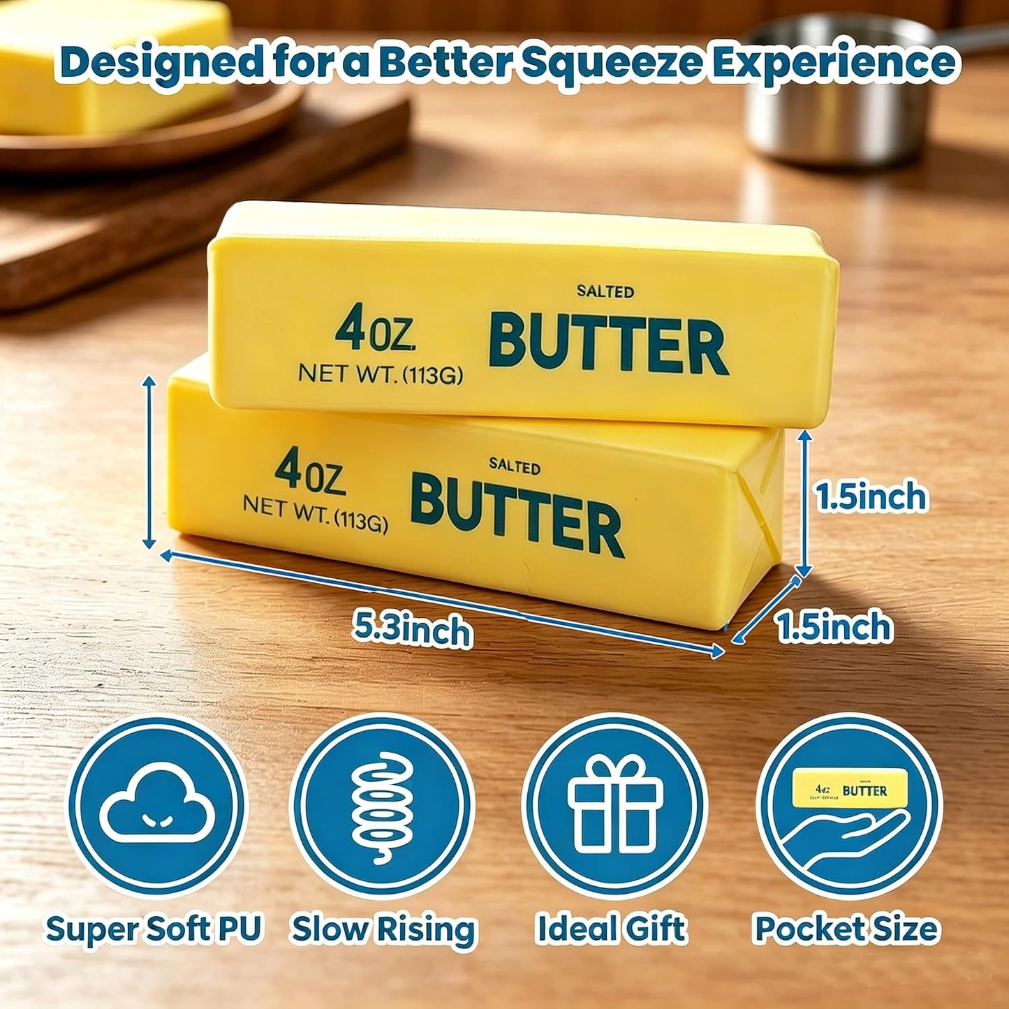 Butter Squishy Stress Relief Toys (2 Pack) - Slow Rising Realistic Fidget, Soft PU Sensory Squeeze for Anxiety Relief & Desk Accessories, Yellow and Pink