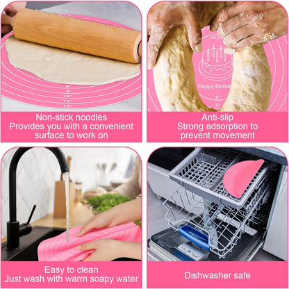 Oruola Round Silicone Baking Mat, 12In Cake Kneading Mats,Pastry Mats for Cake Turntable Stand Pastry Baking Sheet, Round Silicone Mat with Size Measurement Specification, Non-Stick, Pink