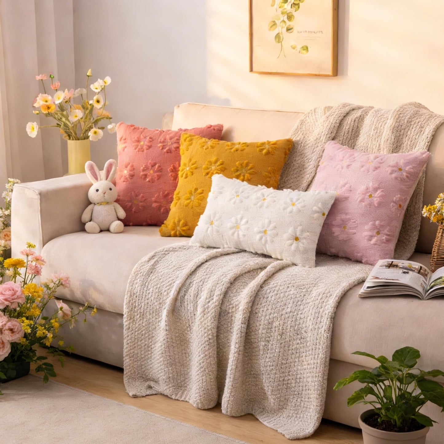 AQOTHES Spring Summer Pink Throw Pillow Covers 18x18 inch Set of 2 Flower Floral Faux Fur Cute Throw Pillows for Sofa Couch Living Room Decor