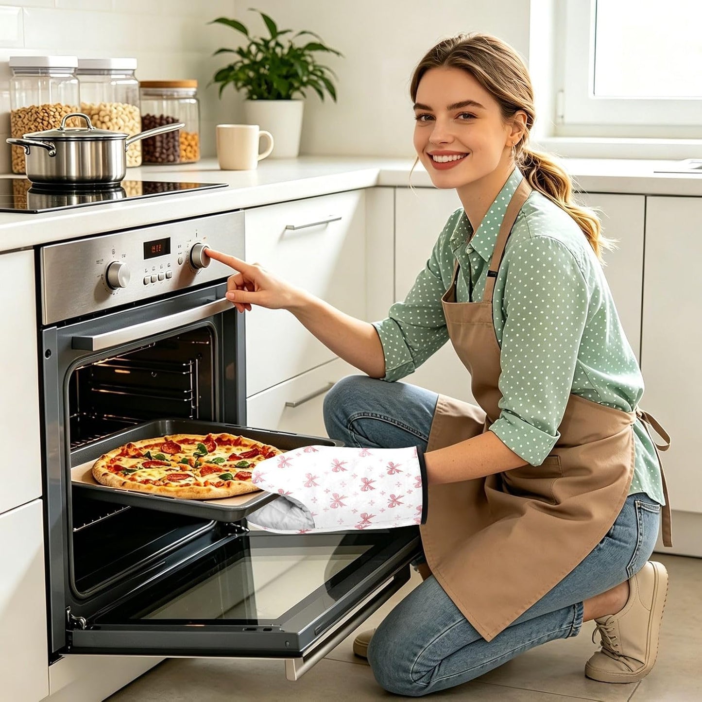 2 Pack Oven Mitt Set Light Pink Pastel Bows Oven Mitt Microwave BBQ Baking Cooking Kitchen Decor Accessories