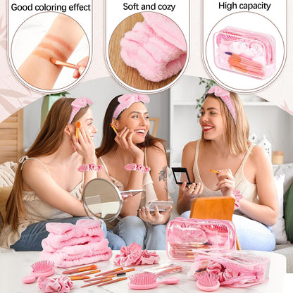 Daifunli 6 Set Pink Spa Party Favors for Women Travel Makeup Brush Bag Mini Hair Brushes Headband Scrunchies for Sleepover Bachelorette Wedding Bridal Shower Party Supplies Bridesmaid Gifts