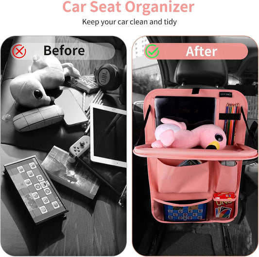 LUCMO Car Backseat Organizer with Foldable Tablet Holder, Pink | 6 Storage Pockets,Foldable Food Tray,Protectors Kick Mats,Travel Accessories,Seat Cover,Road Trip Essentials