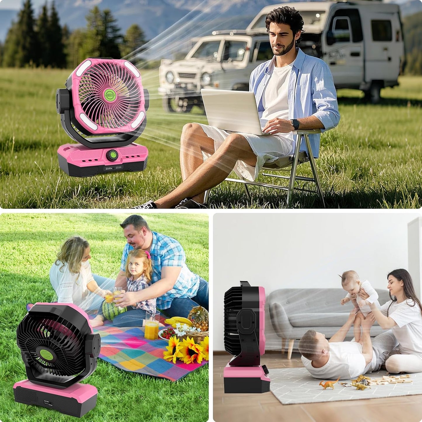 RUNTOP 45000mAh Large Battery Operated Fan, High Speed Oscillating Camping Fan with Remote,Quiet Adjustable Tilt Rechargeable Fans, Battery Powered fansfor Tent Home Office, Bedroom Travel (Pink)