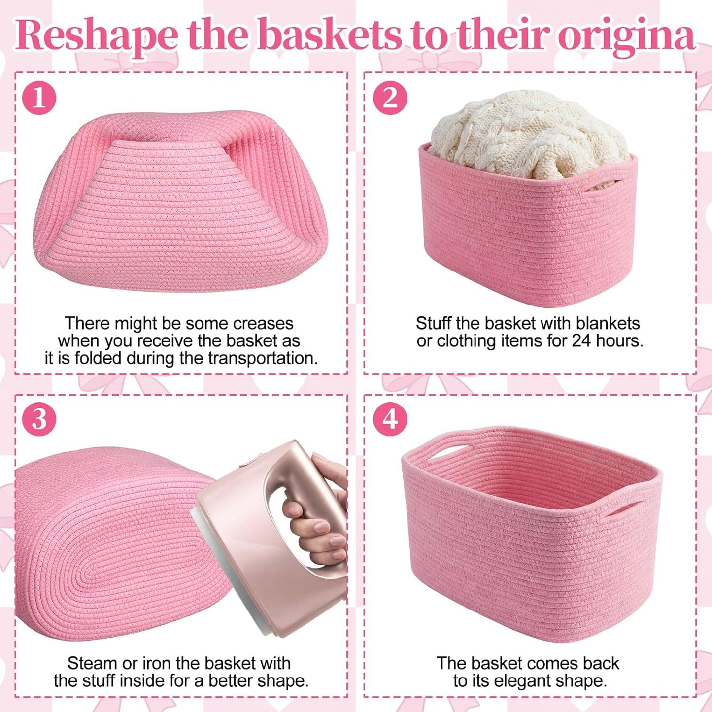 Junkin 3 Pack Pink Gift Basket Empty Cotton Woven Laundry Basket 15 x 10 x 8.7 Inch Pink Storage Bin for Closet Organizing Nursery