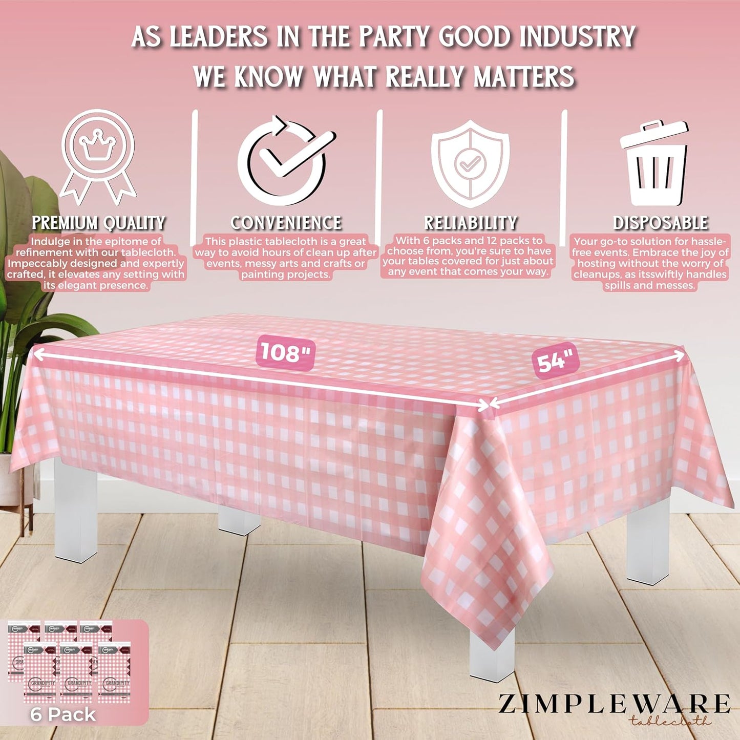 ZIMPLEWARE Premium Pink Gingham Checkered Plastic Table Cloth Disposable (6 Pk) Plastic Tablecloths for Rectangle Tables (54in x 108in) Party Table Cloths Disposable for 6ft to 8ft Rectangle Tables
