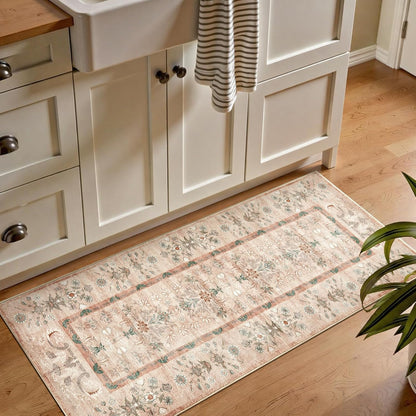 jinchan Runner Rug 2x5 Kitchen Washable Rug, Vintage Floral Carpet Hallway Mat with Non Slip, Runner Rugs Low-Pile Carpet for Bedroom Bathroom Laundry Room Living Room (Dusty Pink)