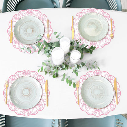 FYSUIMU 60Pcs Pink Floral Bow Scalloped Paper Placemats 13.5 Inch Vintage Flower Bow Disposable Place Mats Chinoiserie Table Mats for Coquette Party Dinner Table Setting