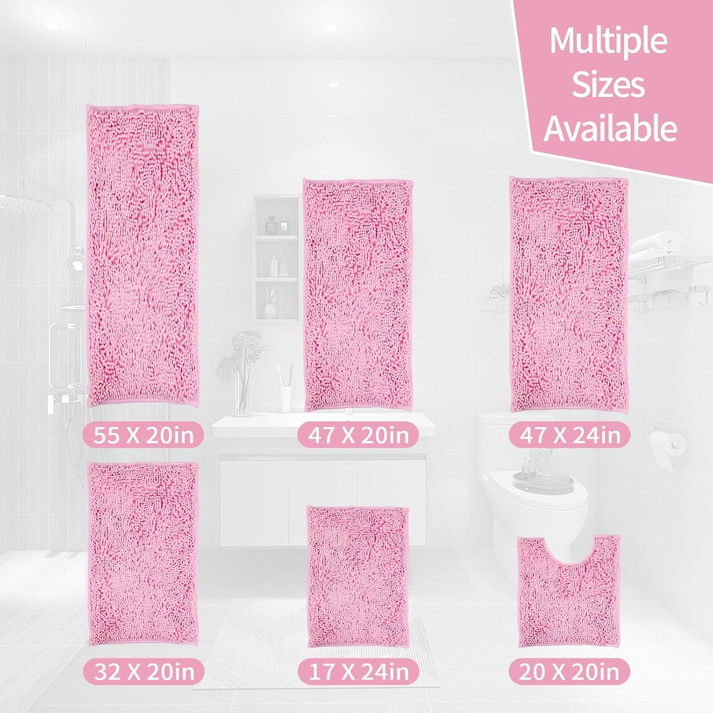 Pink Bathroom Rugs Sets 3 Piece Washable, Luxury ，Chenille Bath Mat Set, Soft Plush Anti-Slip Rectangular Bath， Rug Super Absorbent.3 Pieces Bathroom (Pink, 32"x20"+24"x16"+U Shape 20"x20")