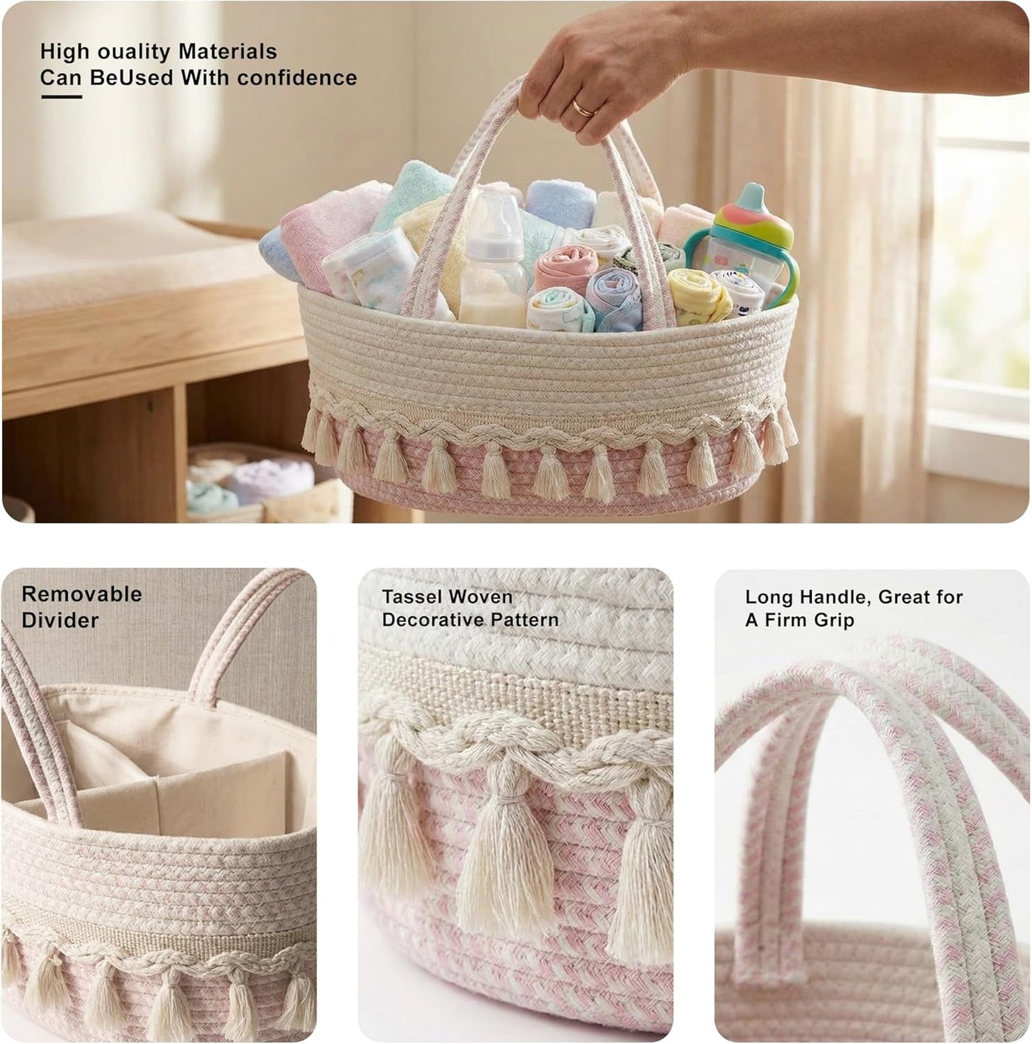 Diaper Caddy Organizer, Stylish Nursery Storage Basket, Baby Shower Basket with Tassel Decorative Appearance, Portable Storage Basket Suitable for Family and Car Travel (pinkish white)