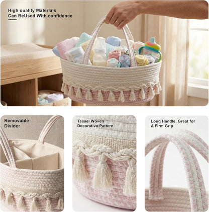 Diaper Caddy Organizer, Stylish Nursery Storage Basket, Baby Shower Basket with Tassel Decorative Appearance, Portable Storage Basket Suitable for Family and Car Travel (pinkish white)
