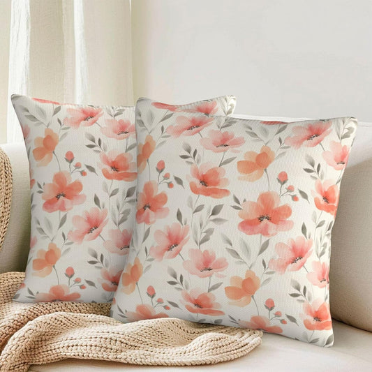 KiuLoam Spring Peach Floral Pillow Covers 18x18 Inch Set of 2, Coral Pink Watercolor Flower Rustic Decorative Throw Pillows, Farmhouse Outdoor Square Cushion Cases for Sofa Couch Bed Home Decor