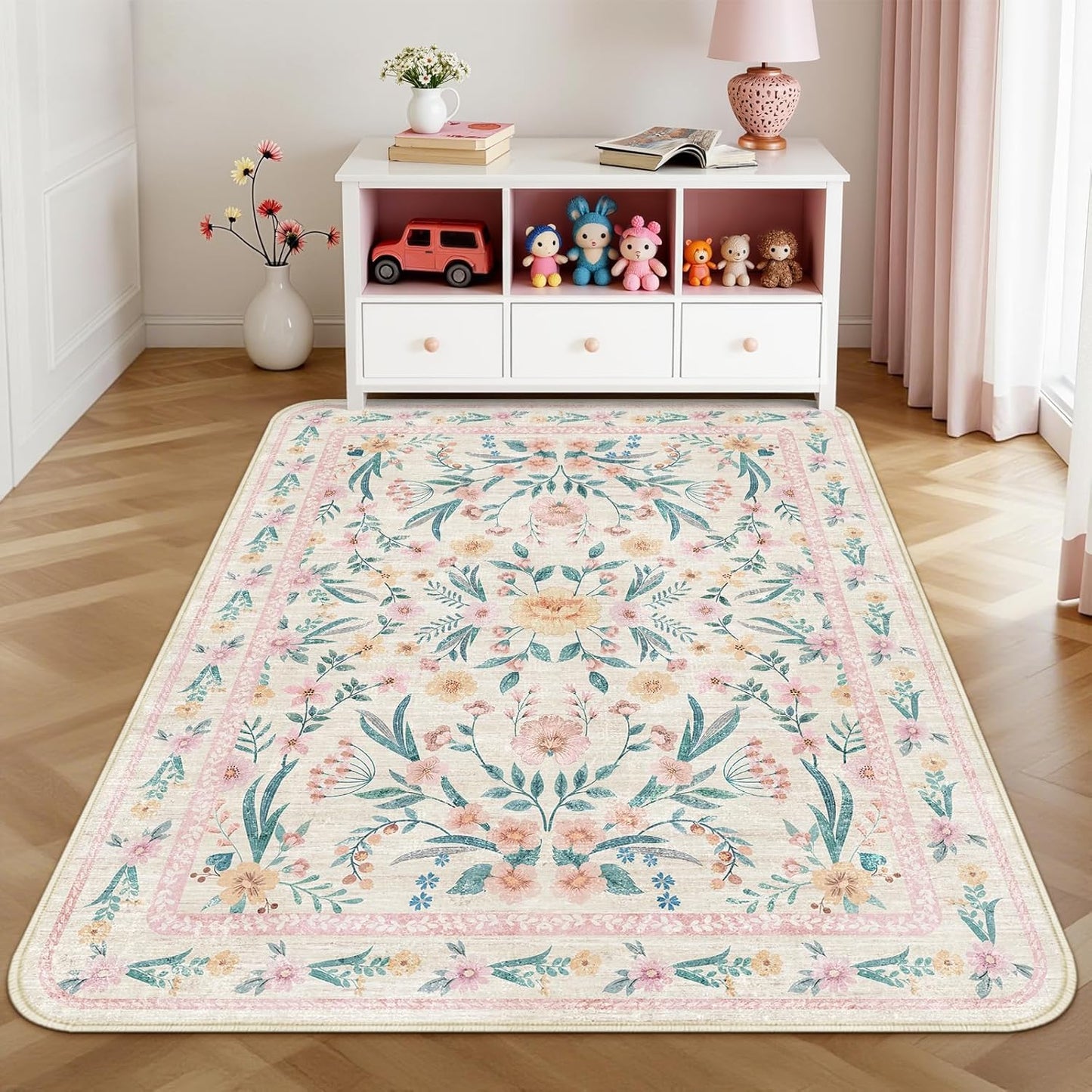 Pink Boho Rug 5x8 with Rounded Corners – Washable Floral Pastel Non-Slip Area Rug for Nursery, Girls Bedroom, Kids Room, Living Room, Playroom, Dorm Decor
