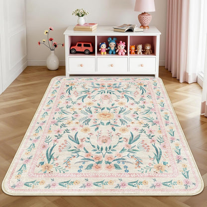Pink Boho Rug 5x8 with Rounded Corners – Washable Floral Pastel Non-Slip Area Rug for Nursery, Girls Bedroom, Kids Room, Living Room, Playroom, Dorm Decor