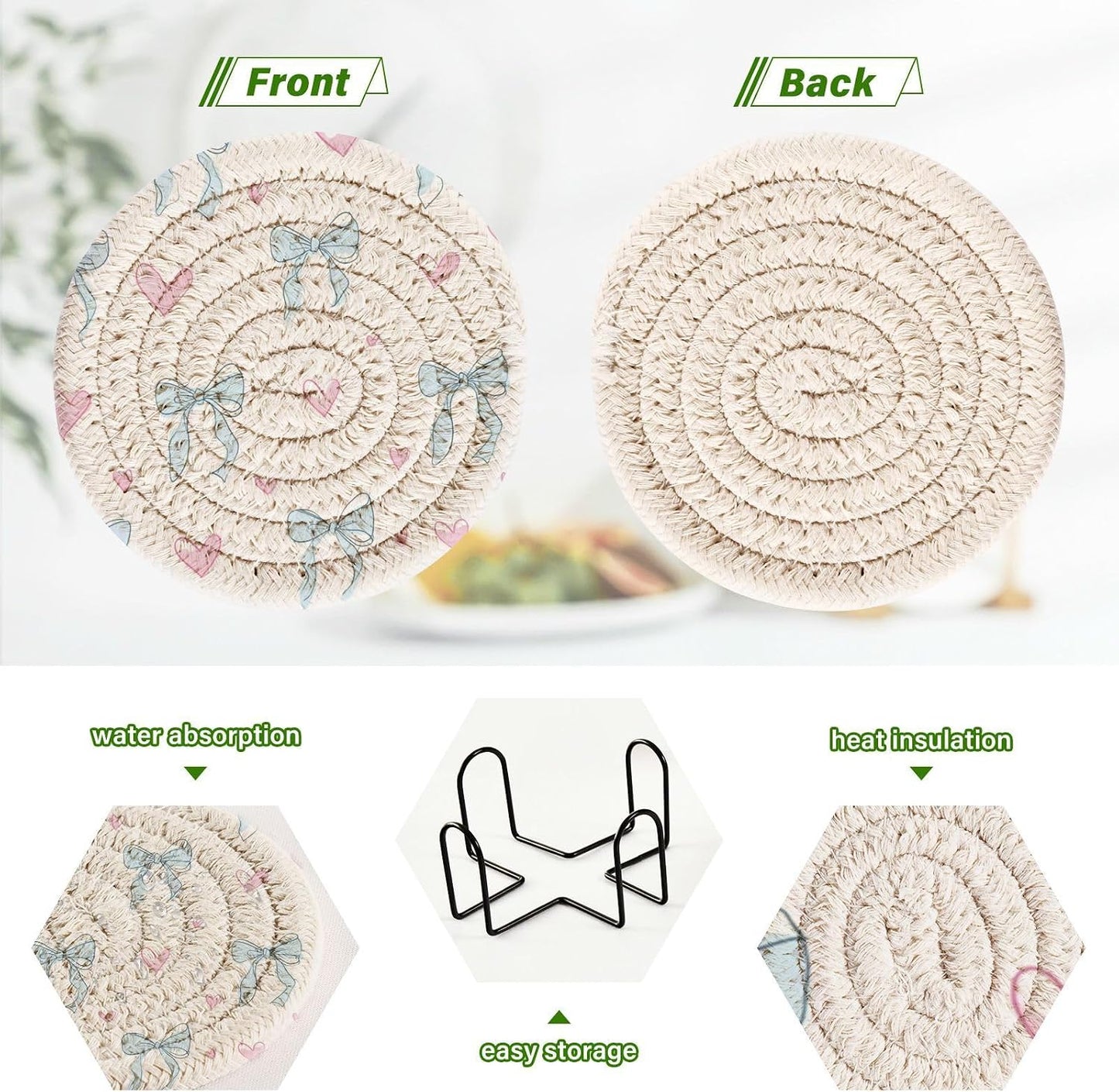 Bar Coasters for Drink with Holder Light Blue Bows Pink Hearts Coaster Set of 6 Cotton Woven Coaster for Coffee Table, Bistro Tabletop,Kitchen Home Decor