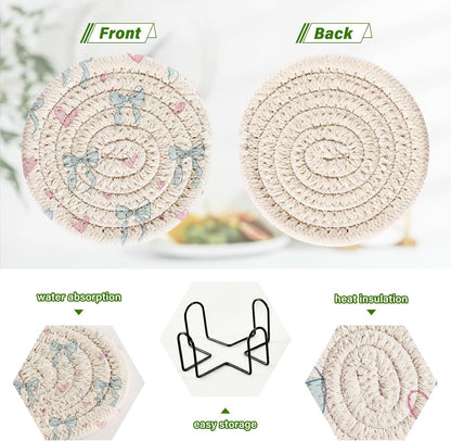 Bar Coasters for Drink with Holder Light Blue Bows Pink Hearts Coaster Set of 6 Cotton Woven Coaster for Coffee Table, Bistro Tabletop,Kitchen Home Decor