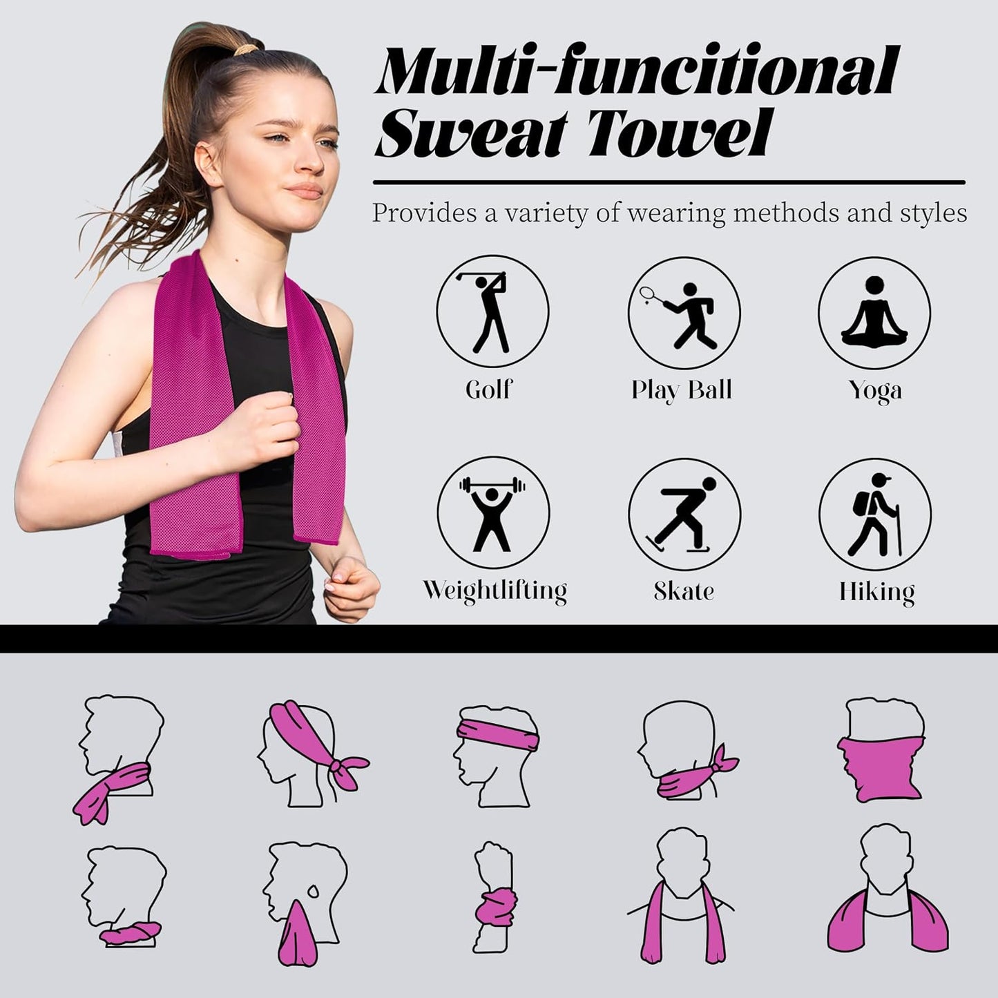 Cooling Towels, Soft Breathable Cooling Towels for Neck and Face, Microfiber Gym Towels for Men and Women with Waterproof Bag & Carabiner, Sweat Towel for Yoga (Light Blue/Green/Pink/Grey)