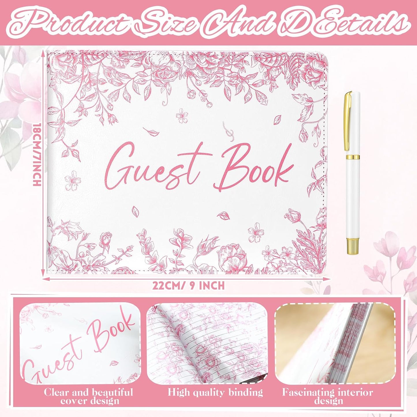 Panelee Wedding Guest Book 7 x 9 Inches for Reception with Pen Set Elegant Guest Book Bridal Shower Guestbook Beautiful Reception Guestbook for Wedding Graduation(Pink,Flower)
