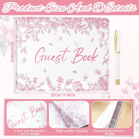 Panelee Wedding Guest Book 7 x 9 Inches for Reception with Pen Set Elegant Guest Book Bridal Shower Guestbook Beautiful Reception Guestbook for Wedding Graduation(Pink,Flower)