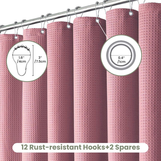 Inhousolu Fabric Shower Curtain, Waffle Weave 230 GSM Polyester, Weighted Hem, Metal Hooks Included, Water Repellent Washable, 72 x 72 Inch, Pink