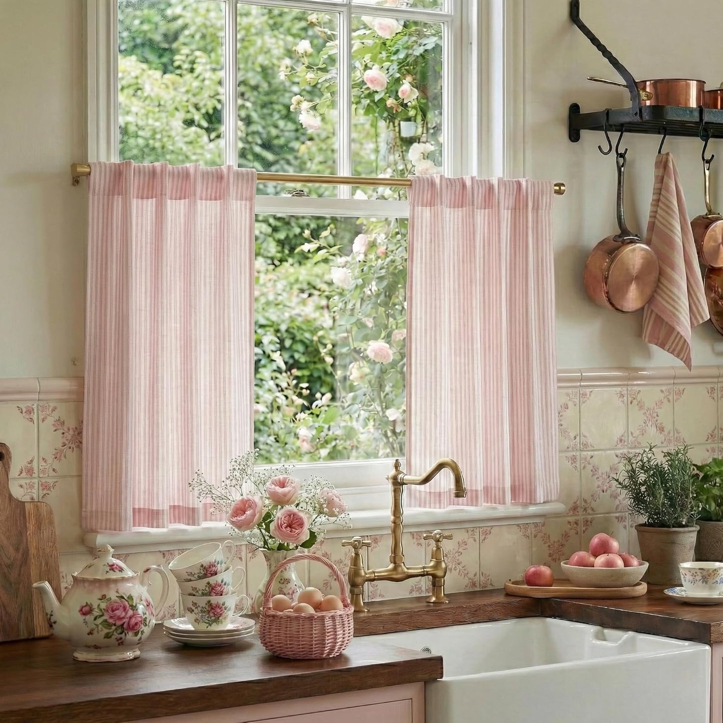 RYB HOME Cafe Striped Curtains for Kitchen Bathroom Small Window, Linen Pinstripe Drapes Valance 36 inch Length for Living Room Short Tier Boho Rustic Farmhouse, Pink, W26 x L36, 2 Panels