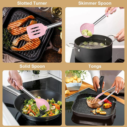 E-far Silicone Cooking Utensils Set, 7 Pcs Heat Resistant Kitchen Utensils with Stainless Steel Handle, Slotted Turner, Spoon, Soup Ladle, Pasta Server, Skimmer, Tongs for Nonstick Cookware, Pink