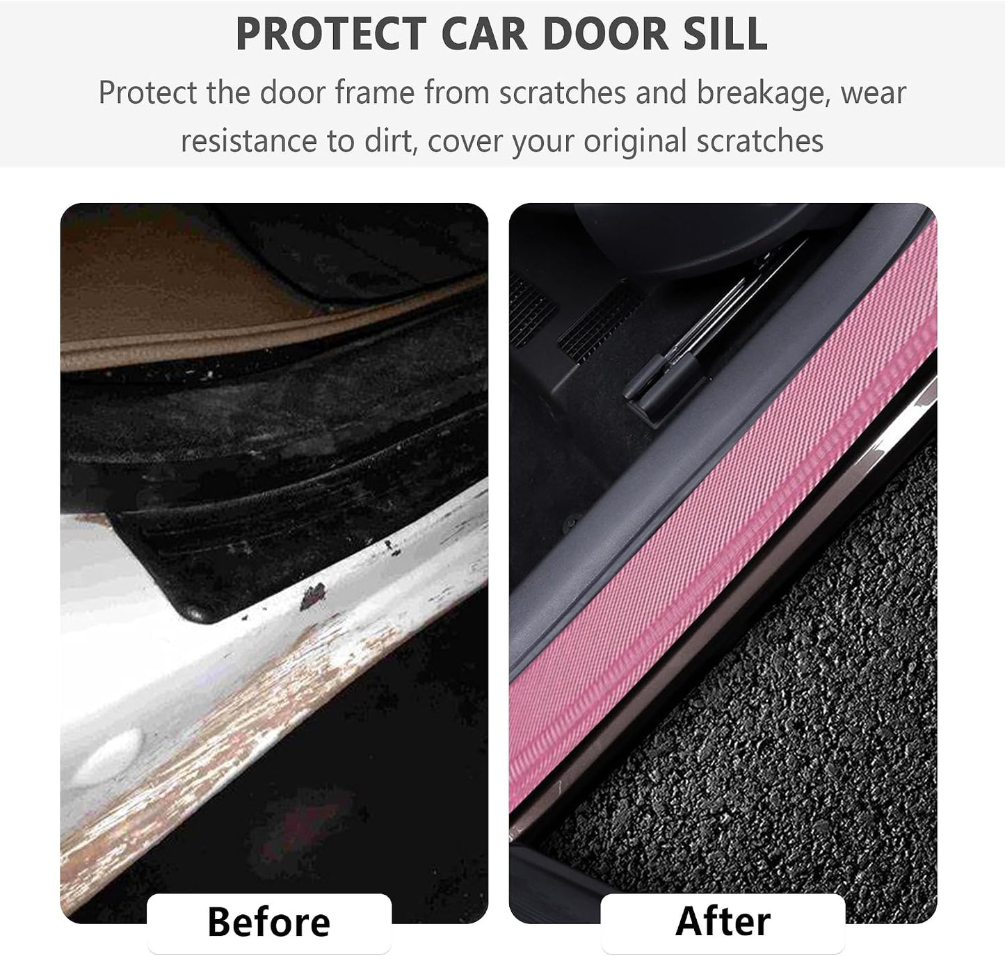 4PCS Car Door Sill Protector with Scraper,Carbon Fiber Car Door Protector Edge Guards for Front Rear Door Sills,Universal Anti-Scratch Car Door Threshold Strips (Pink)