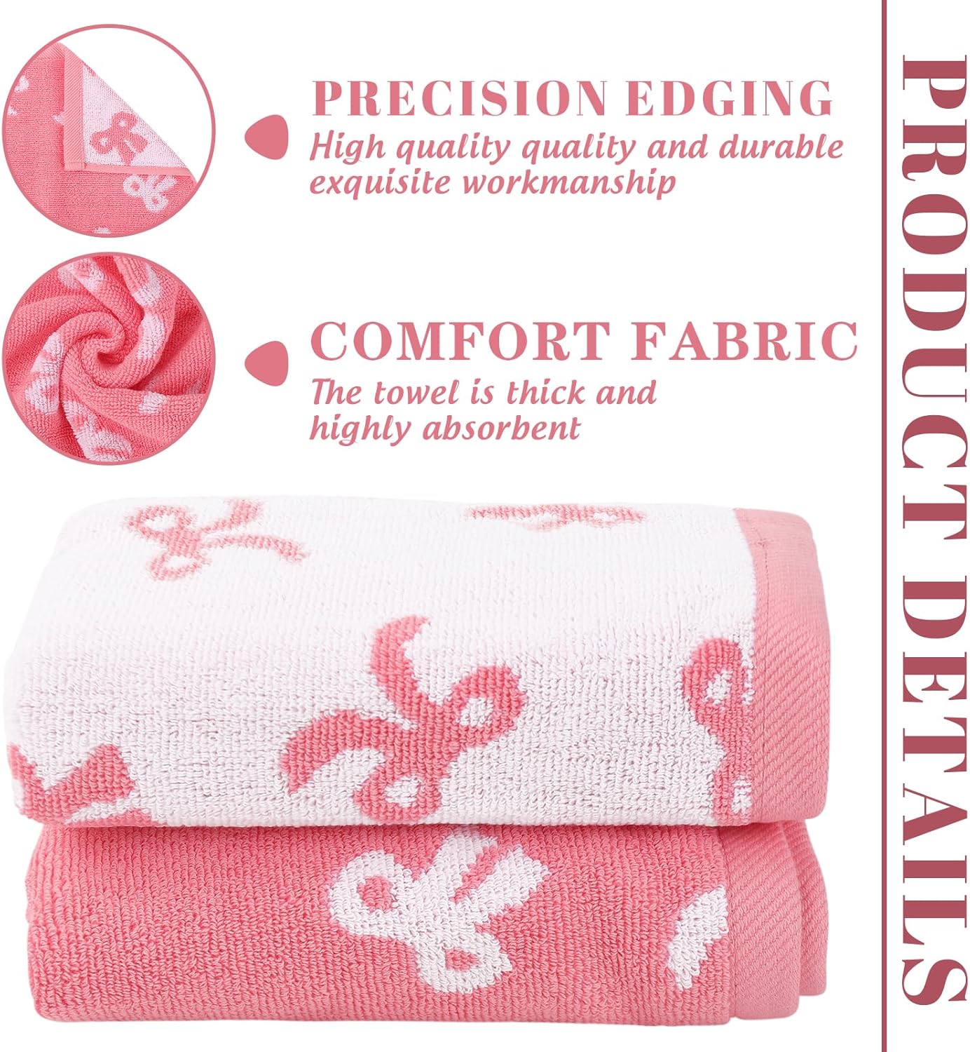 FYSUIMU 2Pcs Pink Bow Hand Towels for Bathroom Cute White Pink Bowknot Embroidered Cotton Soft Decorative Dish Towels for Drying Cooking Kitchen Cleaning Bridal Shower Wedding Gift Set, 29.5 x 13.7 In