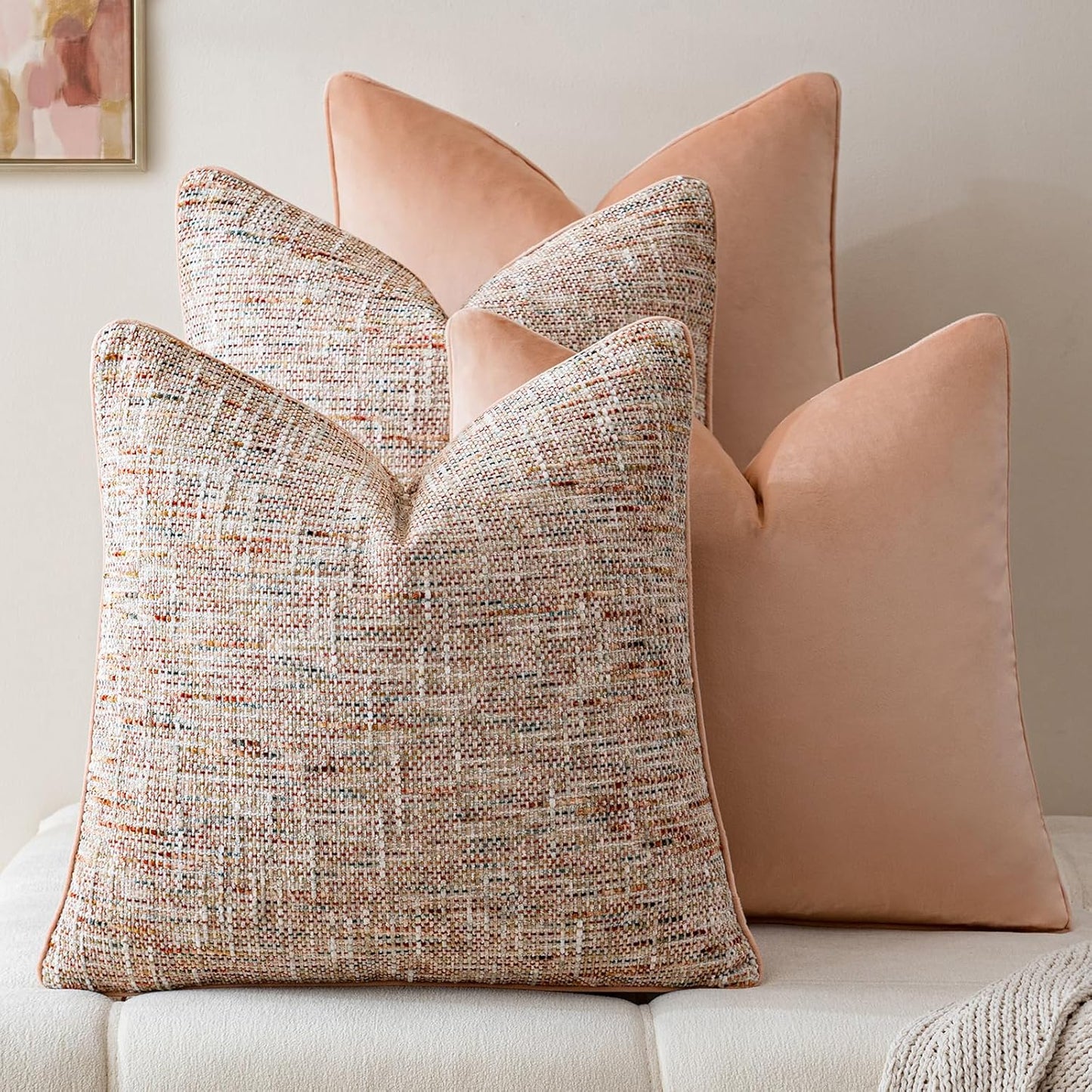 a moment Light Pink 4 Pack Throw Pillow Covers - Chenille & Velvet Set with Piping, Farmhouse Textured Design Pillow Cases for Couch Sofa Bed Livingroom (18x18 Inch, No Insert)