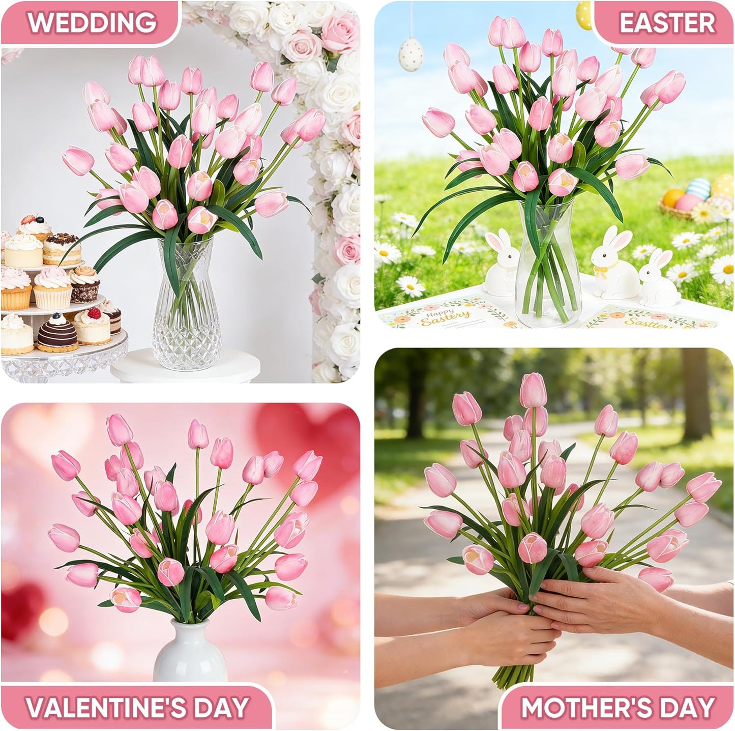 Homsunny 18.9 "Large Pink Simulation Tulip Artificial Flowers, 30-Pack. Perfect for Spring Weddings, Valentine's Day, Easter, Mother's Day, and Elegant Home and Table vase Arrangements.