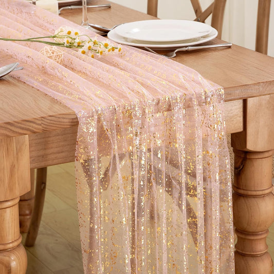 P Pothuiny 2 Pcs Light Pink Table Runner 28 x 120 Inch, Glitter Metallic Foil Tulle Table Runner Party Golden Sheer Gauze Table Decor for Wedding Birthday Christmas Anniversary