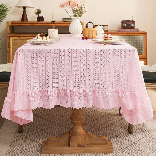vctops Pink Lace Ruffle Table Cloth, Vintage Boho Cutout Geometric Pattern Tablecloth, Washable Table Cover for Rectangle Table Baby Shower Kitchen Party Wedding Decor (Pink A,55"x102")