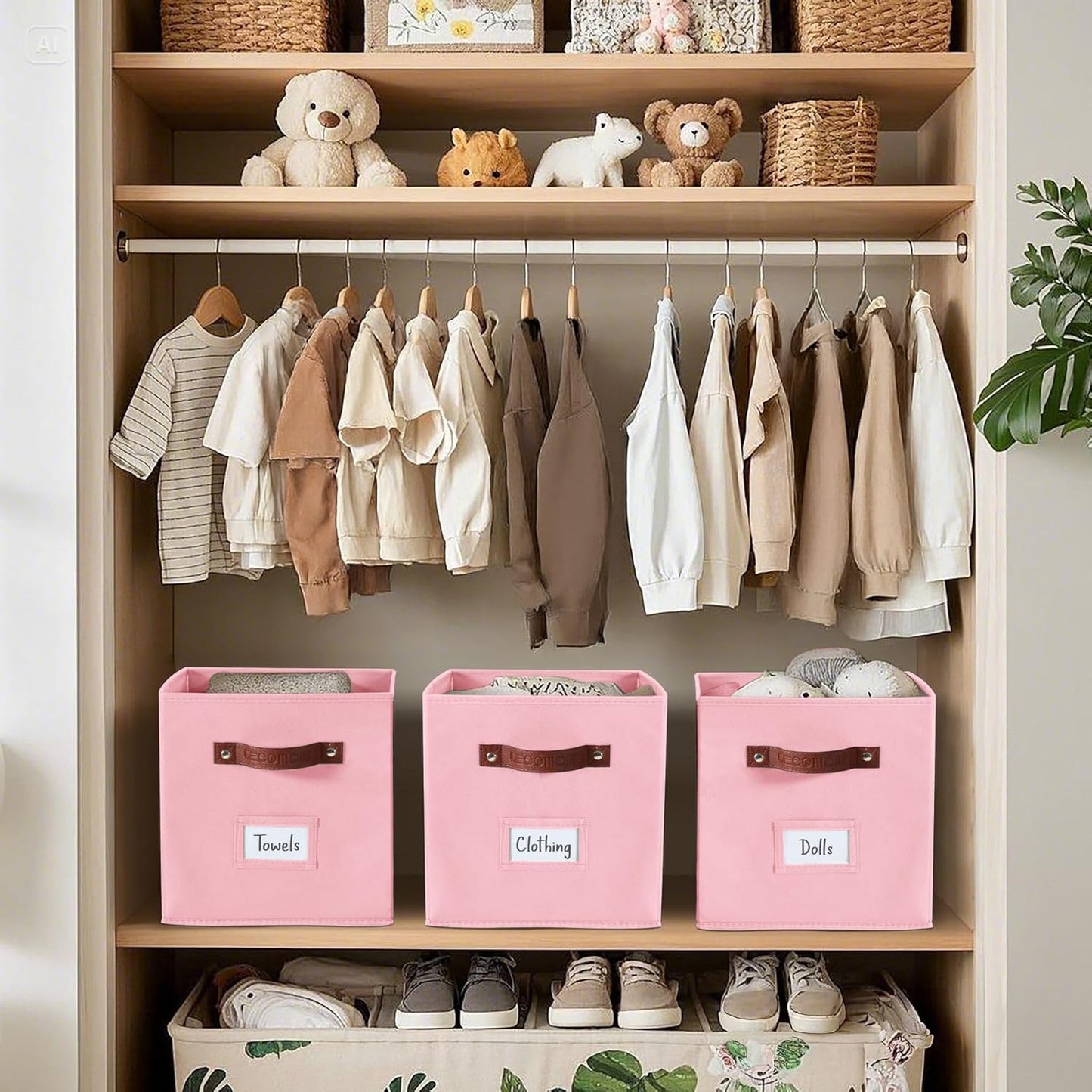 DECOMOMO Storage Bins, Cube Storage Bin with Labels, Fabric Storage Cubes for Shelves (10.5" x 11" / 6pcs, Pink)