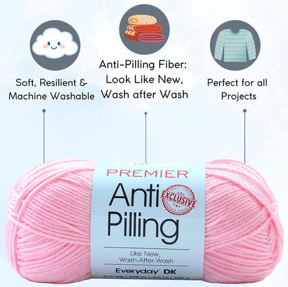 Premier Yarns Anti-Pilling Everyday DK Baby Pink 1107-33 (3-Skeins-Same Dye Lot) DK Light Worsted #3 Anti-Pilling Acrylic Yarn for Crocheting and Knitting with Project Bag