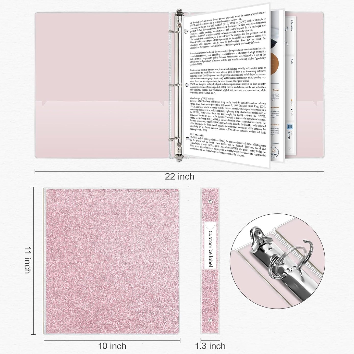 EYROZILL 1 Inch Binders 3 Ring Glitter Binders Fashion View Binder for Office Supply, Waterproof, 2 Pockets, Light Pink