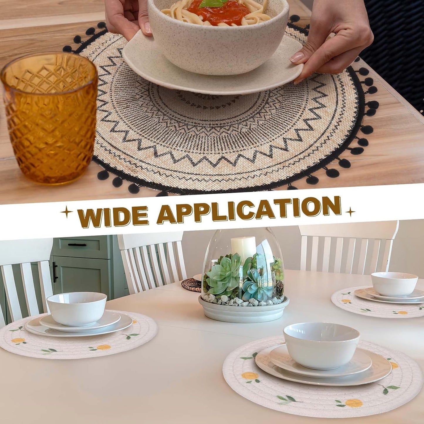 uxcell Round Placemats Set of 2, 7.1 Inch Cotton Rope Braided Place Mats, Heat Resistant Woven Table Placemats, for Home Wedding Holiday Party, Peach Pattern