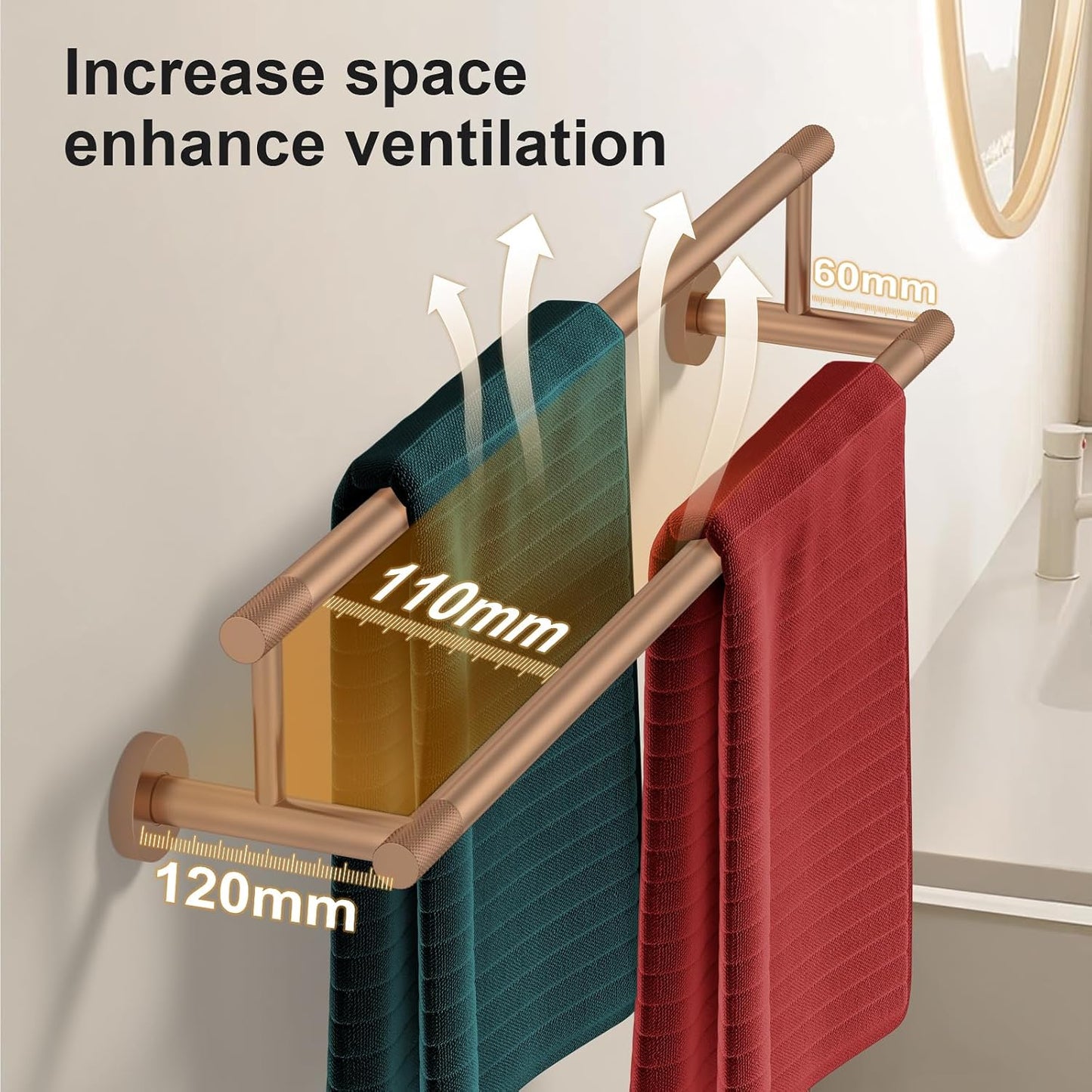 Double Towel Bar 24 Inch, Rose Gold SUS304 Stainless Steel Towel Racks for Bathroom - Wall Mounted Bathroom Towel Holder Quick Drying Hand Towel Bar for Walls