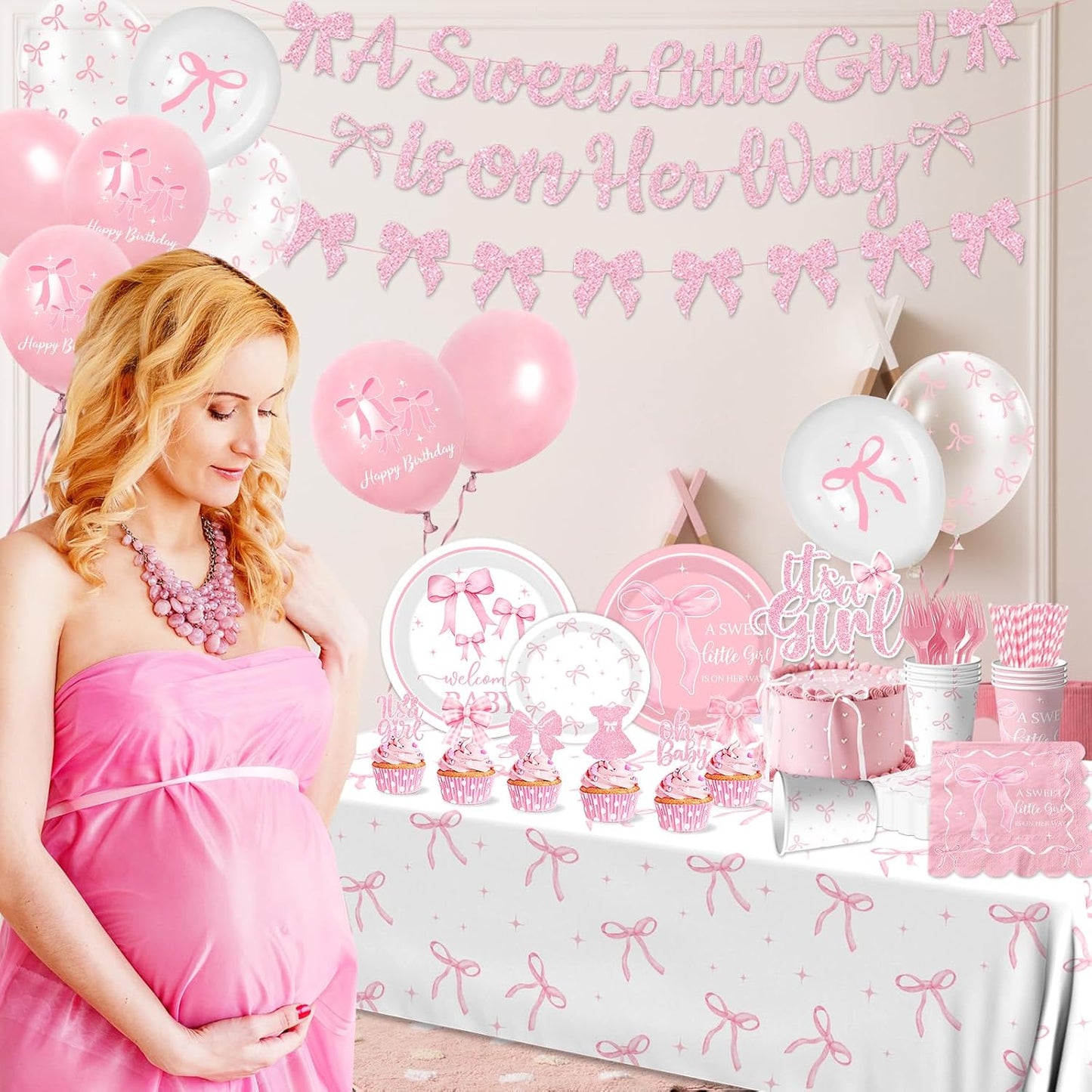 Pink Bow Baby Shower Decorations for Girl,Pink Bow Birthday Party Supplies Include Bow Plate,Napkin,Banner,Cake Topper,Balloons Welcome Baby Girl Decorations for Coquette Bow Party Serves 25