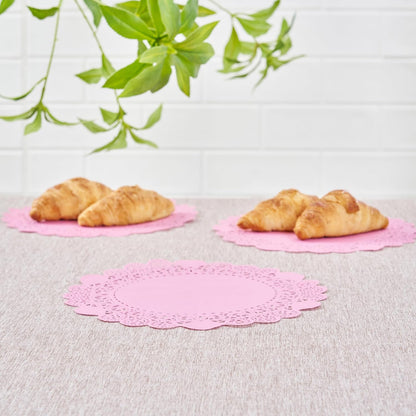 Pastry Tek 8 x 8 Inch Paper Lace Doilies, 100 Disposable Table Doilies - Elegant Lace Finish, Long Lasting, Pink Paper Doily, for Pastries, Cupcakes, Desserts - Restaurantware