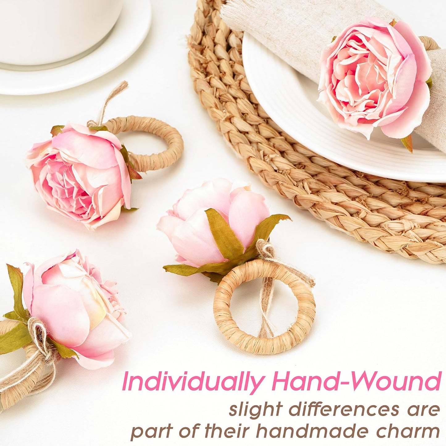 Handcraft Pink Rose Napkin Rings – 6-Pack Handmade Flower Napkin Holders with Jute Wrapped for Romantic Tablescapes, Birthday, Christmas, Thanksgiving, Weddings & Gifting