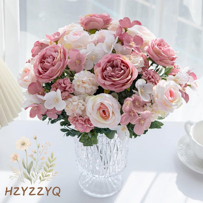 8 Pack Artificial Peony Flowers, Silk Peonies Flowers Fake Peonies Artificial Flowers Peonies Hydrangea Bouquet for Centerpiece Table Wedding Party Home Decor (8, Pink + White)
