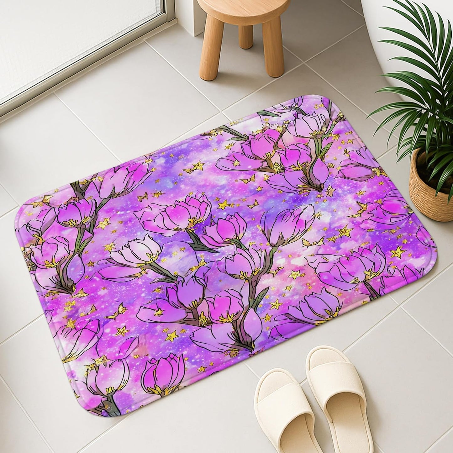 Spring Botanical Quick Dry Bath Mat, Elegant Peach Floral Patterned Absorbent Non-Slip Shower Mat, Memory Foam Washable Bath Rugs for Home Decor 20x32 Inch